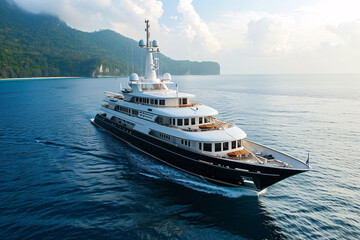 Luxury yacht sailing near tropical island