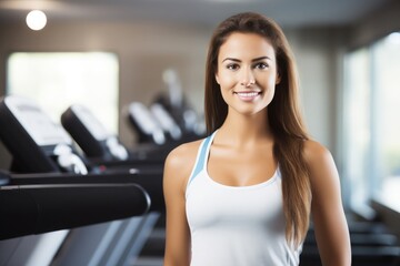 Fototapeta na wymiar Woman in workout apparel standing in front of an exercise machine holding a white and blue medical pill 