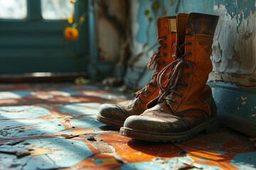 Worn hiking boots, standing next to a door, shoes and footwear, wanderlust and lifestyle