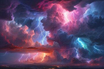 lightning with fantasy colorful clouds - obrazy, fototapety, plakaty