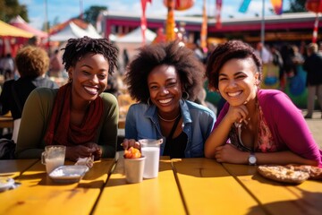 Women of all nationalities smiling and sharing a warm sisterly moment, in a bright and sunny county fair scenery, all women wearing bold and bright lipstick, holding nothing in their hands, - obrazy, fototapety, plakaty
