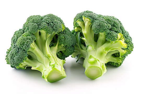 Two broccoli halves split on white
