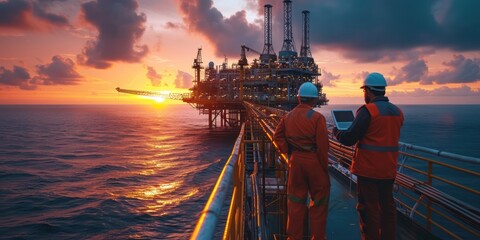 Team Engineers use notebook computers to check space offshore oil and gas processing platforms at sunset, exploration, and petroleum production industry at sea