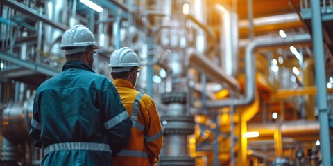 Workers in an industrial plant for the production and processing of crude oil