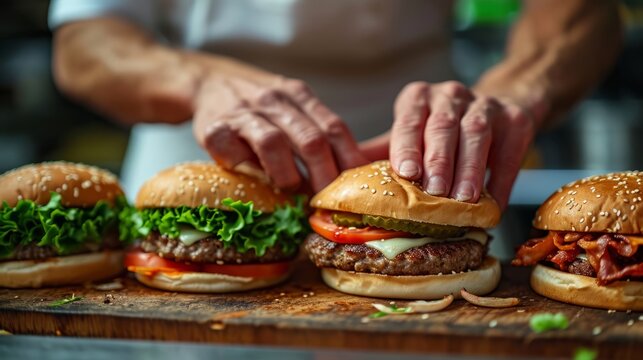Close-up of a hands cooking Burger, Generate by AI