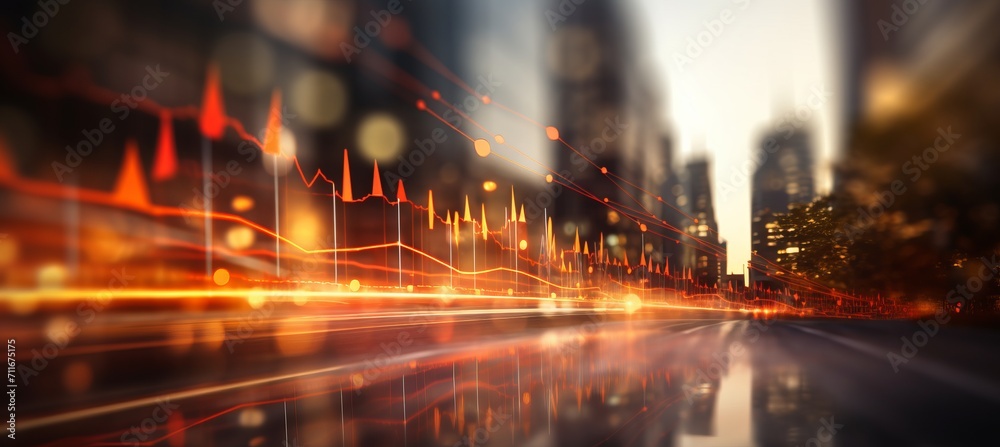 Wall mural blurred bokeh effect with stock market charts and banking visuals for design concepts