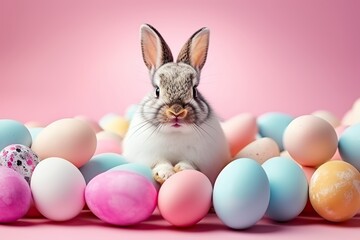 Easter Bunny Bliss Funny Easter Concept Holiday Animal Celebration Greeting Card with a Cute Little Easter Bunny Rabbit Sitting on Many Colorful Painted Easter Eggs, Isolated on Pink Background. 