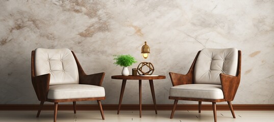 Mid century modern living room with brown lounge chairs, white sofa, and marble wall