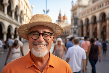 Happy man taking selfie with hat and sunglasses, travel concept on defocused background
