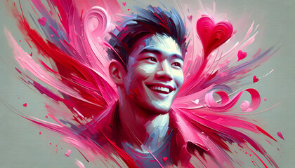 abstract oil painting on canvas depicting a young Asian man with a happy face in a Valentine's