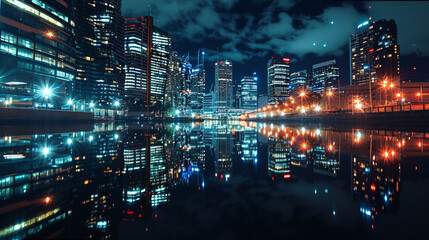 City Lights Reflecting at Night.