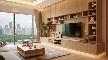 Elegant and serene minimalist interior design of a modern living room with a sleek television