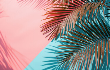Fototapeta na wymiar Summer minimal background with shadow from natural palm leaf.