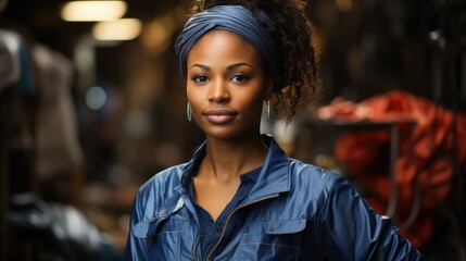 Portrait of black woman factory worker.