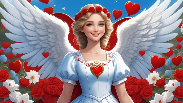  Cupid girl with wings with roses and hearts on sky background. Cupid girl with wings with hearts and roses on the background of blue sky holiday card, Valentine's Day