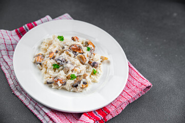 risotto seafood rice fresh delicious eating cooking appetizer meal food snack on the table copy space food background rustic top view