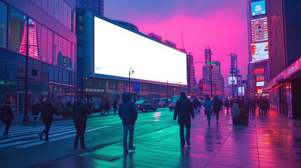 Urban street scene at dusk with large billboards featuring blank screen for mockup, with city lights and pedestrians.