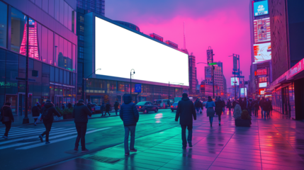 Urban street scene at dusk with large billboards featuring blank screen for mockup, with city lights and pedestrians.