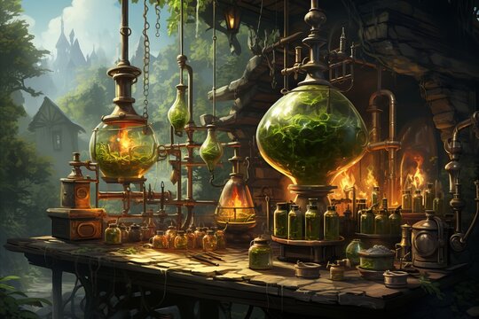 Glowing steampunk laboratory with brass machinery, vials of concoctions, and sunlit gears