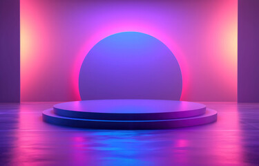 Mock up circle podium with neon glow blue and purple light