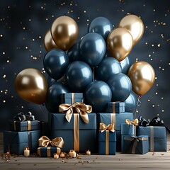 Fototapeta na wymiar Birthday balloons with birthday gift on pastel blue decoration, Anniversary concept