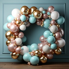 Balloon garland decoration elements. Pastel blue and gold banner background with round empty space