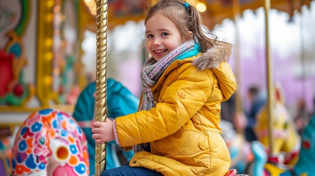 A laughing child on a brightly colored carousel with an Easter theme