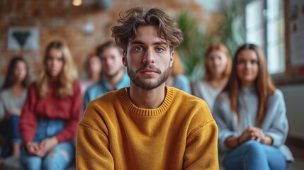 Obraz premium Portrait of a young man looking at the camera while sitting in front of his friends in group therapy