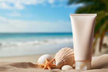 Sunscreen lotion, sea shells and starfish on sandy beach. Summer beach, vacation concept, UVA and UVB protection cosmetics. Mock up, copy space. - obrazy, fototapety, plakaty