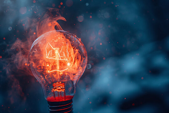 Light bulb with fiery glow and house filament on blue smoky background