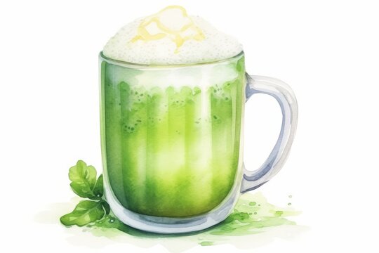 Green beer with foam with shamrock on an isolated background. Watercolor illustration for St. Patrick's Day. 