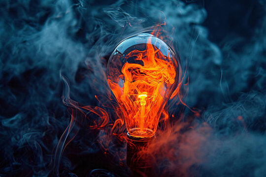 Glowing light bulb with orange flames and smoke on dark background