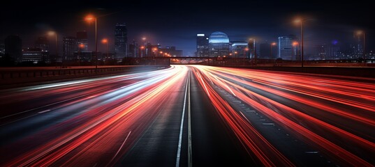 Fototapeta na wymiar Blurred bokeh effect of city lights behind sleek sports car speeding on night highway