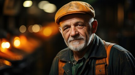 Portrait of old caucasian man factory worker.