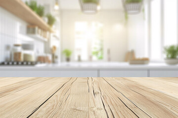 Close up of wooden table top with modern kitchen blur background - Powered by Adobe