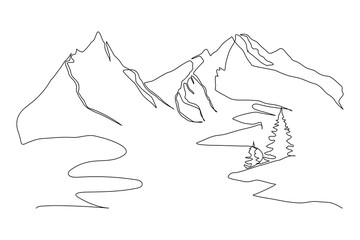 mountain range continuous One line drawing. Simple line drawing of mountains and sun. Modern one line nature illustration
