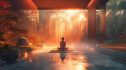 Illustrate a serene meditation area with gentle illumination and an individual engaging in mindfulness or yoga.