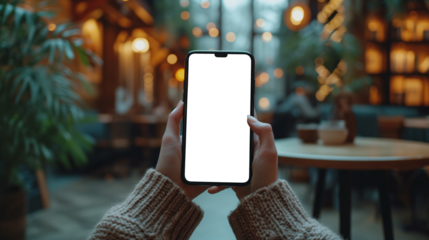 Close-up of a person's hands holding a smartphone with a isolated display, sitting in a cozy café with a blurred background.