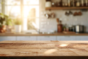 Wooden table top with blurred kitchen background
