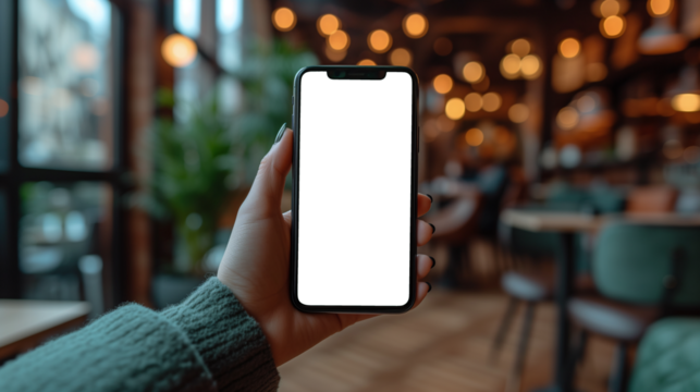 Close-up of a person's hands holding a smartphone with a isolated display, sitting in a cozy café with a blurred background.