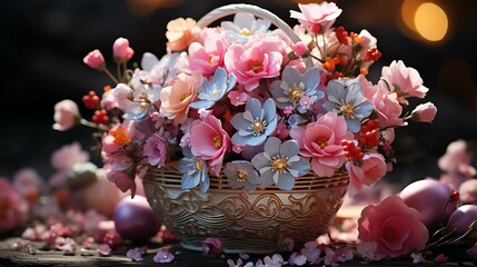 Basket with different beautiful flowers