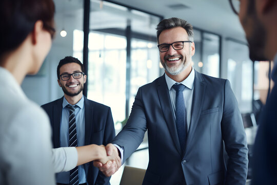 Smiling middle aged business man handshaking partner making partnership collaboration agreement at office meeting