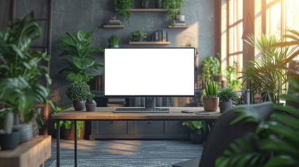 An elegantly designed home office with a desk, laptop, and a large monitor, isolated screen, in a bright, modern interior.