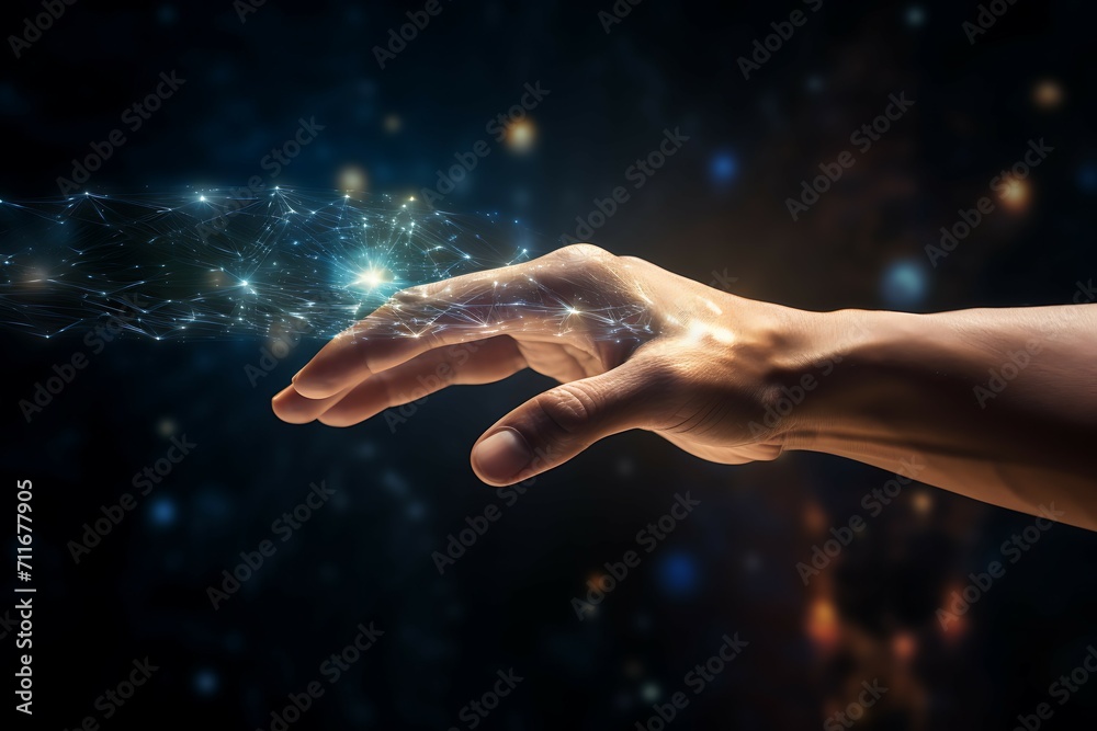 Poster close up of human hand gesturing with connection lines on dark background