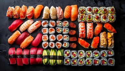 Japanese food photography. Nigiri, Sashimi, Maki, and Uramaki sushi.