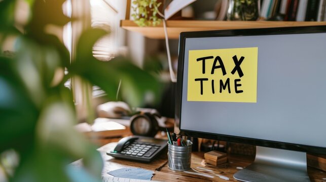 Sticky note with "TAX TIME" written on it attached to a computer screen in a modern home office generative ai