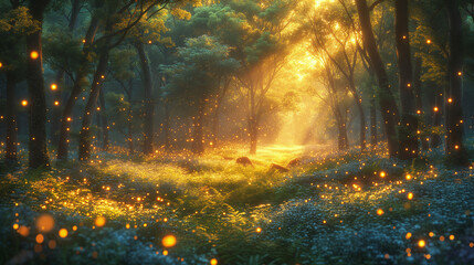 A mystical forest bathed in the glow of enchanted fireflies, with ancient ruins peeking through the foliage.