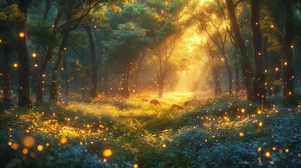 Deurstickers A mystical forest bathed in the glow of enchanted fireflies, with ancient ruins peeking through the foliage. © NoOneSaid
