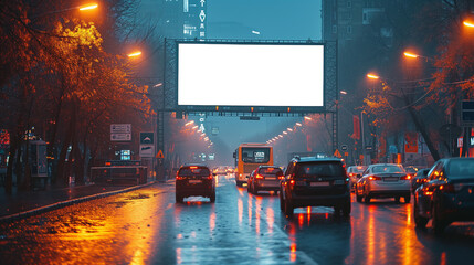 A large billboard on a busy city street corner, blank or isolated for advertising mockups, with cars and pedestrians in the background. - obrazy, fototapety, plakaty