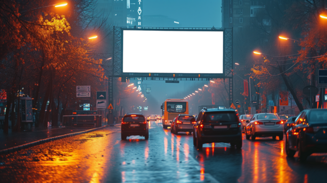 A large billboard on a busy city street corner, blank or isolated for advertising mockups, with cars and pedestrians in the background. - Powered by Adobe